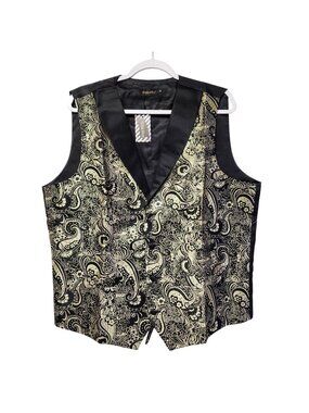 DiBanGu Paisley Black & Gold Satin Men's Dress Vest Size XL
